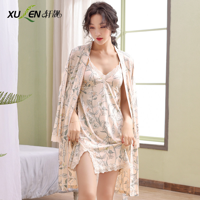 春秋性感纯棉长袖吊带两件套睡裙 轩靓睡裙