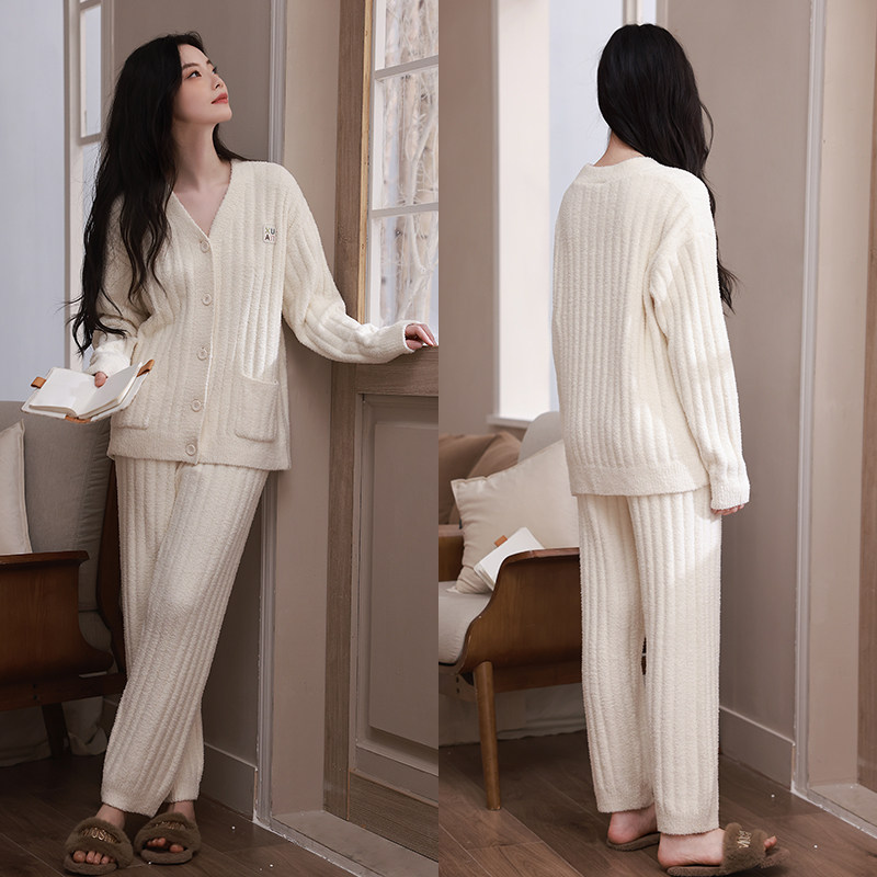 轩靓半边绒睡衣女秋冬季加绒加厚时尚保暖珊瑚绒可外穿家居服套装,淘宝优惠券,粉丝福利购,淘宝优惠卷