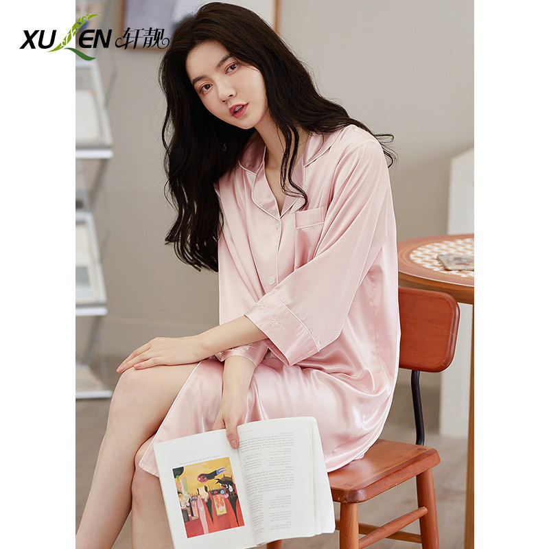 冰丝睡裙女士仿真丝绸七分袖中裙 轩靓睡裙