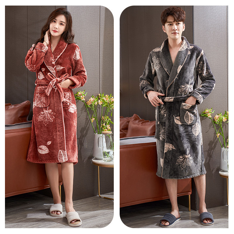 情侣男秋冬季法兰绒长款冬天睡袍 轩靓睡袍/浴袍