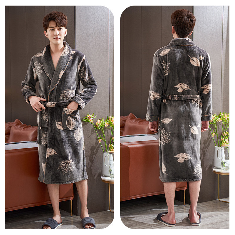 男士秋冬法兰绒宽松长款睡袍 轩靓睡袍/浴袍