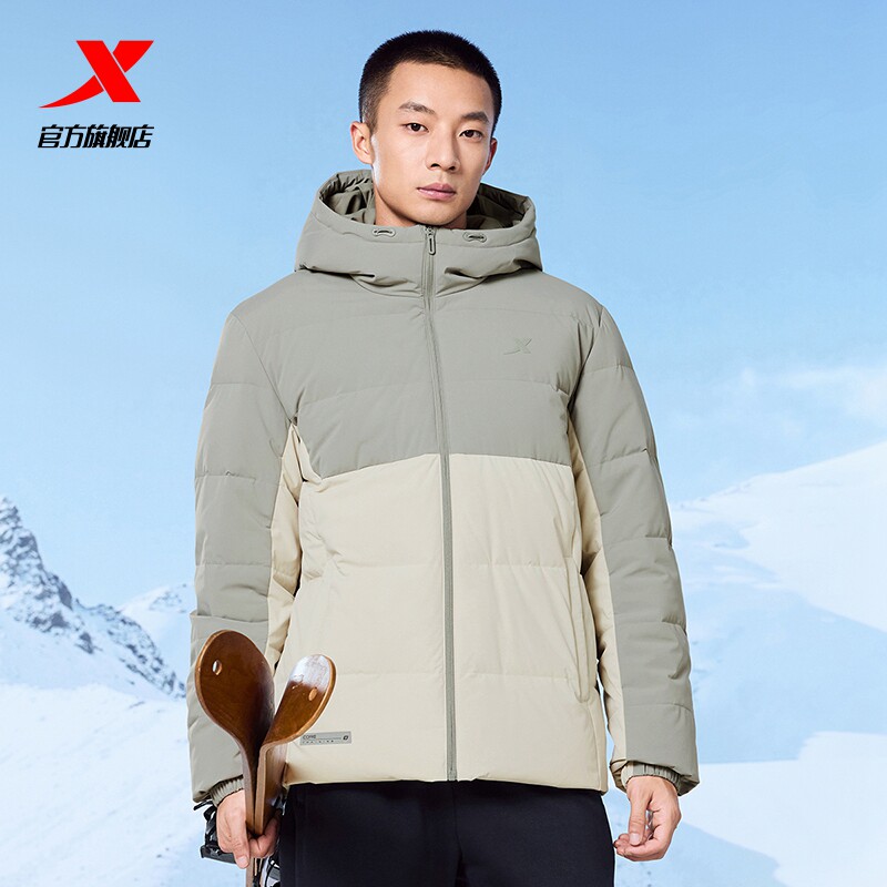 特步连帽羽绒服男女款冬季新款情侣运动黑色上衣保暖棉服防风外套