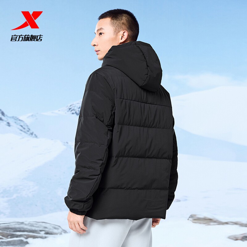 特步连帽羽绒服男女款冬季新款情侣运动黑色上衣保暖棉服防风外套