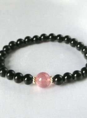 天然草莓晶黑石转运手串原创设计