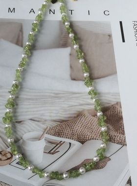 小清新天然橄榄石项链施家珍珠锁骨链