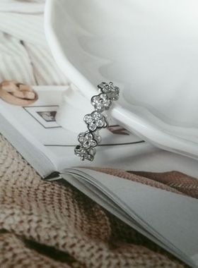 通体s925纯银戒指天然淡水珍珠开口戒可调节四叶草锆石轻奢饰品