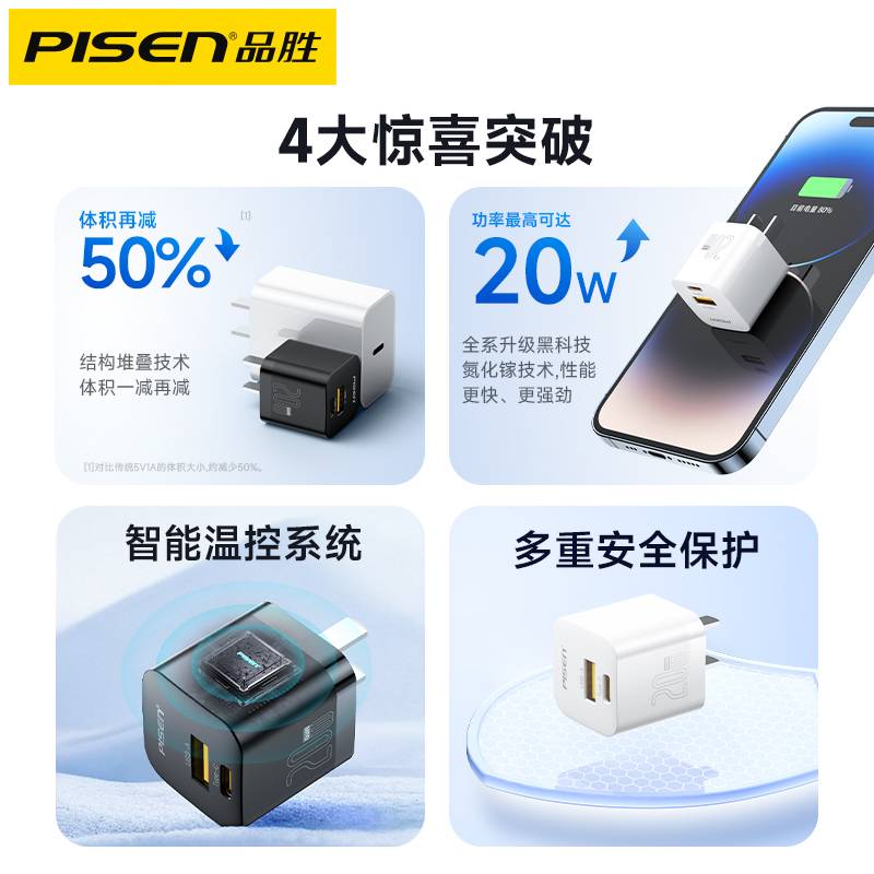 品胜小冰晶适用苹果iPhone15充电器iPad平板20W/30W氮化镓14promax充电头pd20w手机typec双口快充头usb插头13 - 图0