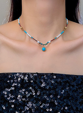 新款彩色串珠珍珠项链女轻奢时尚