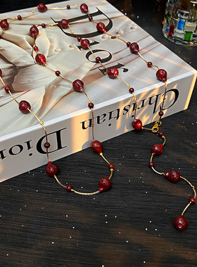 秋冬复古安可拉红色不规则珍珠项