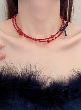 甜美水晶黑色红色蝴蝶结项链女小