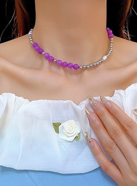 新款冷淡风项链紫红珠子流苏轻奢