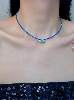 夏日多巴胺蓝色小米珠项链女小众