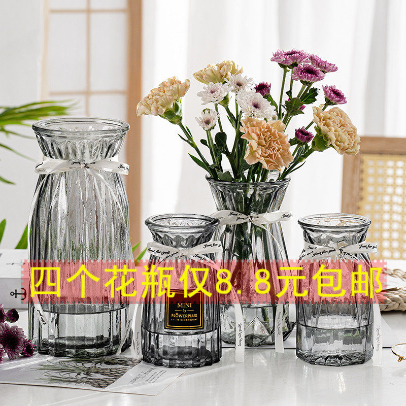 【四件套】透明玻璃花瓶水养富贵竹鲜花插花瓶餐桌客厅装饰摆件,淘宝优惠券,粉丝福利购,淘宝优惠卷