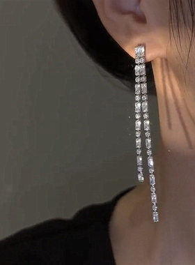 网红长款流苏镶钻耳坠女法式高级感耳环欧美夸张冷淡风气质耳饰女