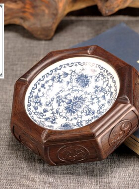中式烟灰缸青花瓷烟灰缸根雕烟灰缸工艺品烟缸木头烟灰缸复古包邮