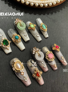 美甲饰品 新款复古宫廷风金属镶钻锆石珍珠高保色指甲装饰品987