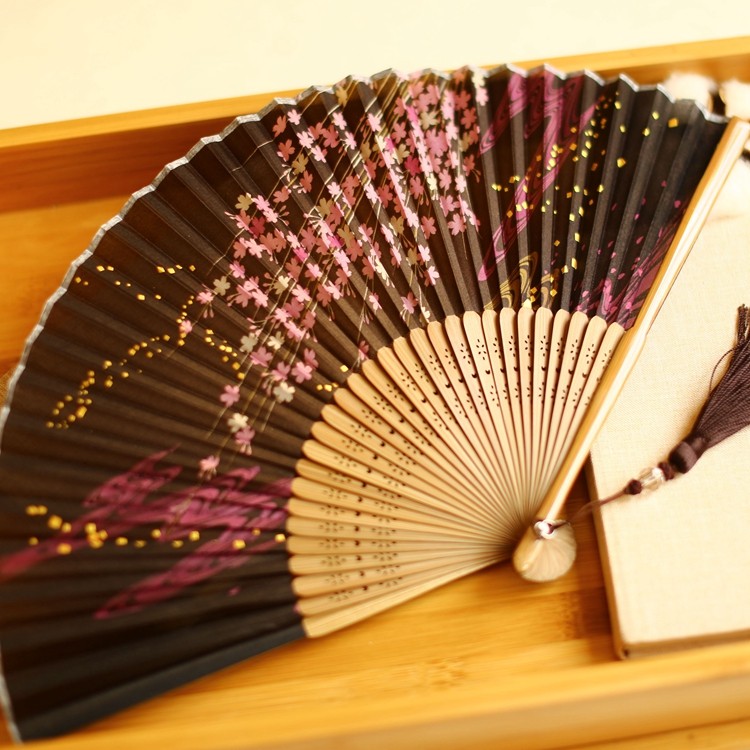 【江户日式】日本和风折扇子竹柄和服扇精品女扇浪漫樱花墨绿_虎窝淘