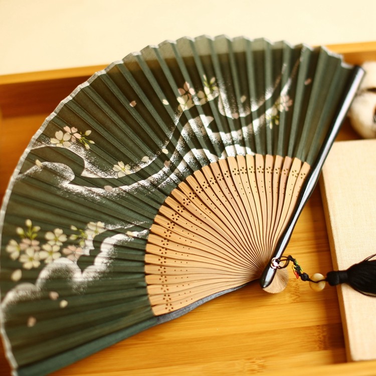 【江户日式】日本和风折扇子竹柄和服扇精品女扇浪漫樱花墨绿_虎窝淘