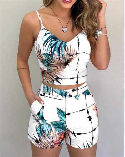 Summer Women Fashion 2-piece Outfit Set Sleeveless Print Top - 图0