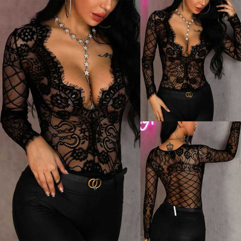 Women Summer Lace Bodysuit Ladies Floral Embroidery Deep V N-图0