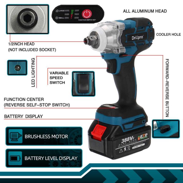 520N.m 388VF Brushless Cordless Electric Impact Wrench 1/2 i-图0