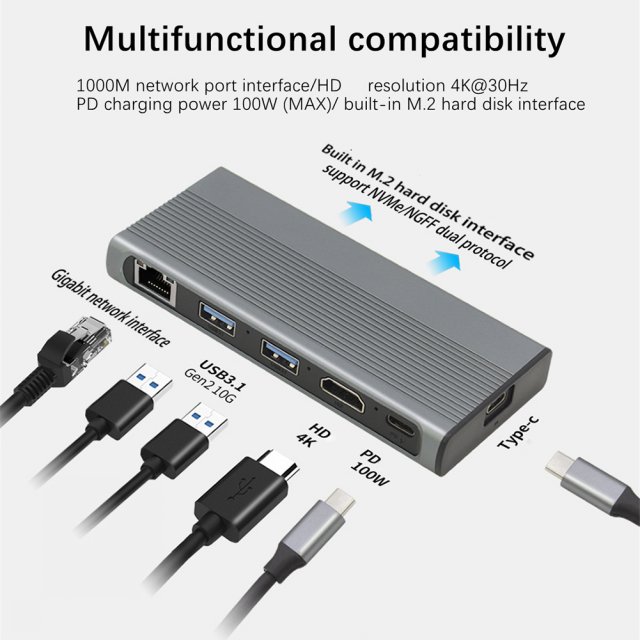 USB C HUB Type C 3.1 to M.2 NVME NGFF HD 4K 30Hz 1000M LAN 1 - 图0