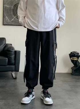 Men's Side Pockets Cargo Harem Pants 2022 New Ribbons Black