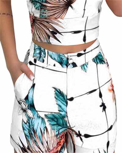 Summer Women Fashion 2-piece Outfit Set Sleeveless Print Top - 图1