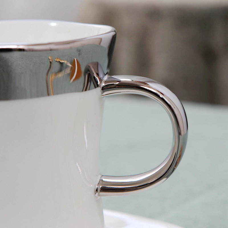 包邮白色釉下彩镀银陶瓷咖啡杯碟套装送瓷勺350毫升大容量杯 瑕疵 - 图0