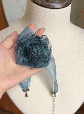 TeNg原创手作珠光褶皱纱带干枯玫瑰花颈带设计感颈花choker锁骨链