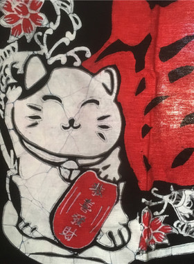 民族风手绘蜡染招财猫门帘居家餐厅客栈半遮风水蓝染扎染隔断帘