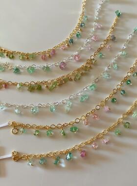 瑞铺原创 春华镀14K金纯朴天然原石随形糖果粉红蓝西瓜碧玺手链女