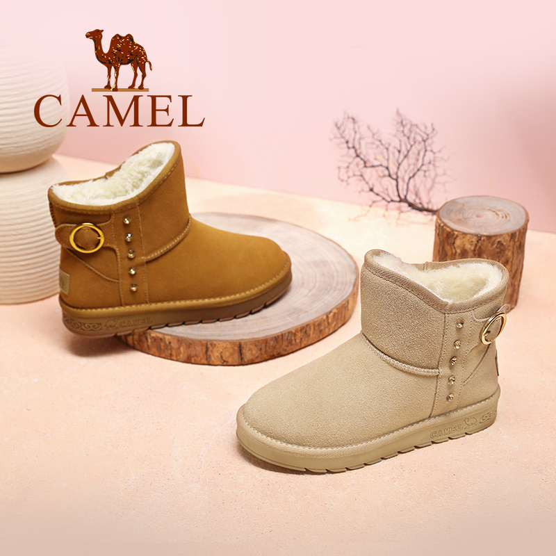 Camel/骆驼女鞋2018冬季新品时尚舒适水钻金属扣饰靴子保暖雪地靴
