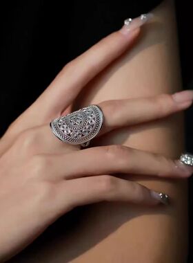 苗族铜鼓指环花纹镂空戒指复古小