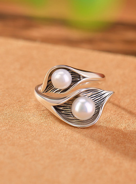 新品新中式复古清雅马蹄莲圆珠戒