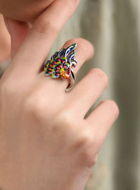 新品景泰蓝珐琅彩孔雀戒指精致时