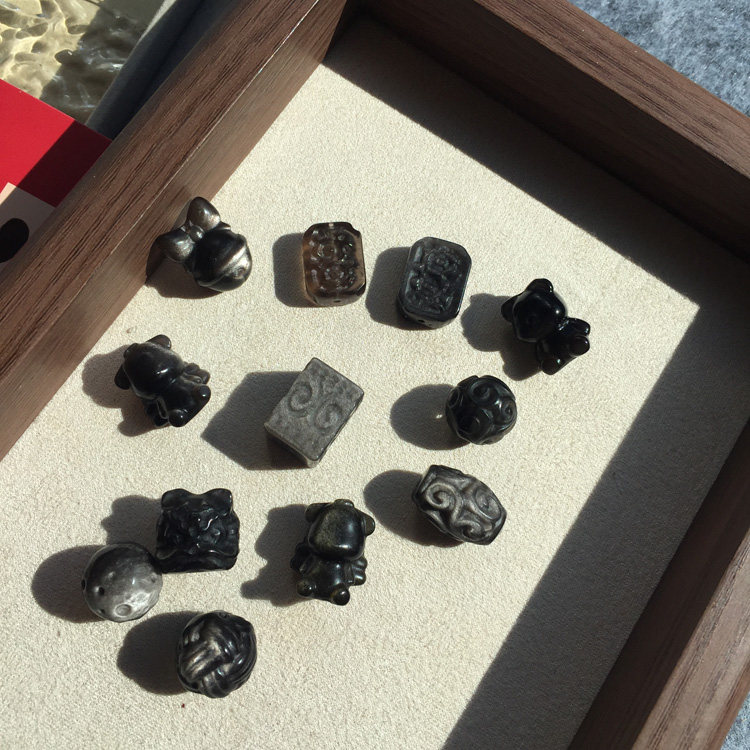 Sweet天然黑曜石银曜石雕刻配件 熊 铃铛 回纹珠星球珠 醒狮 花牌,淘宝优惠券,粉丝福利购,淘宝优惠卷