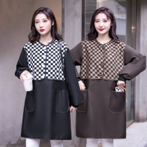 Home Kitchen Small Sub Sweet Beauty Cute Long Sleeve Apron Korean Version Womens Fashion Hood Chessboard Grid Splicing Work Clothes