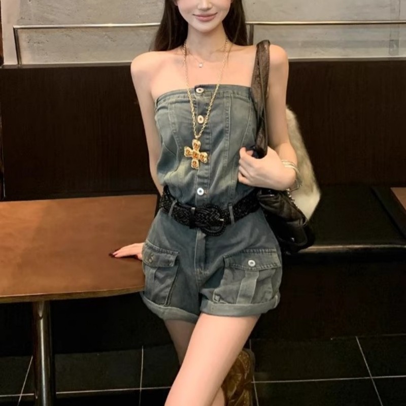 纯欲辣妹风蓝色连排扣连体抹胸牛仔裤女2025夏季复古性感修身短裤,淘宝优惠券,粉丝福利购,淘宝优惠卷