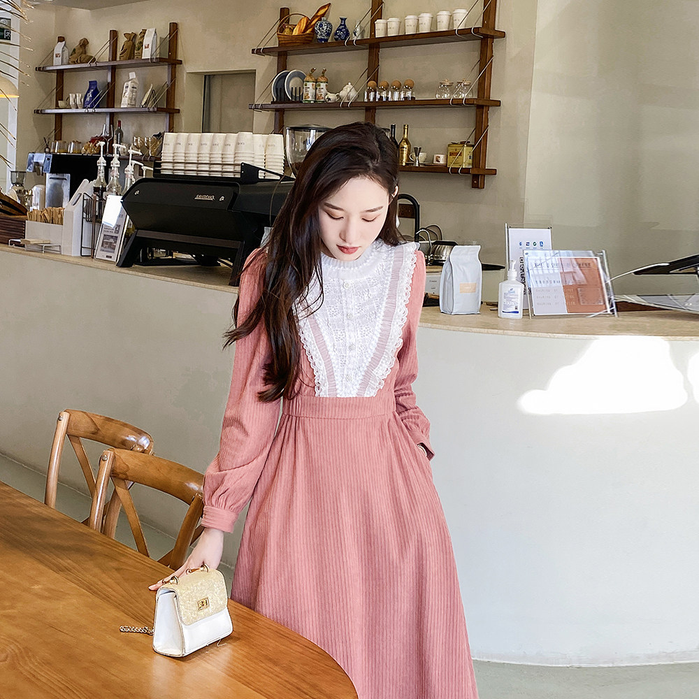 法式桔梗复古灯芯绒连衣裙女秋冬气质显瘦打底裙别致蕾丝内搭长裙,淘宝优惠券,粉丝福利购,淘宝优惠卷