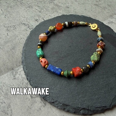 千年镶蚀红玉髓一线药师珠齐家文化老绿松石老青金石古珠多宝手链