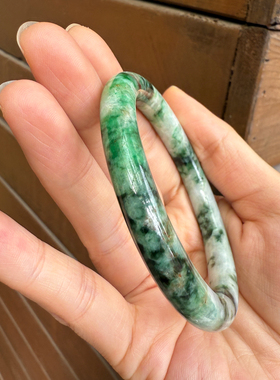 天然A货翡翠冰糯种辣绿飘花圆条手镯女款玉石镯子送长辈妈妈礼物