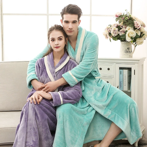 Зимний длинный банный халат, мужская демисезонная коралловая бархатная фланелевая пижама для влюбленных, увеличенная толщина, 2024 года