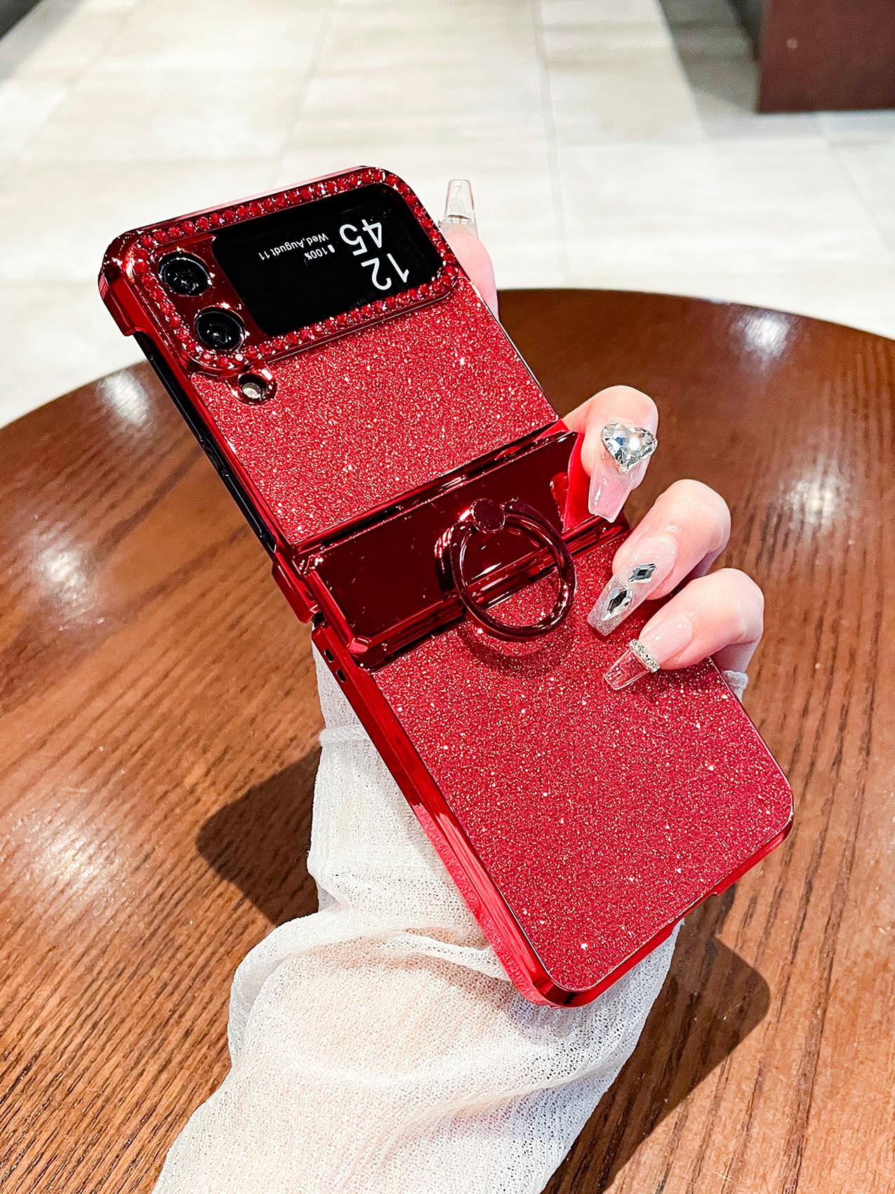 适用三星zflip4手机壳z flip3折叠屏w23flip心系天下全包防摔4代新年喜庆红女款镶钻指环闪粉铰链保护套 - 图3