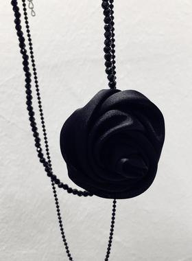 黑色人造水晶双层布艺蕾丝花项链