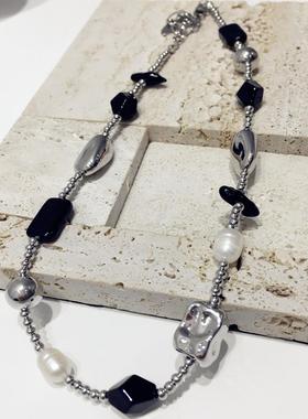 不规则金属块仿珍珠拼接项链