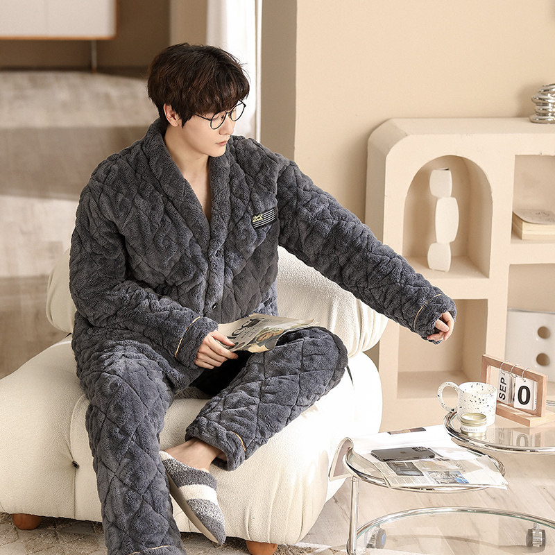 男秋冬季珊瑚绒加绒三层夹棉睡衣 索妮洁睡衣/家居服套装