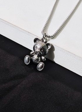 ins风复古条纹小熊吊坠项链