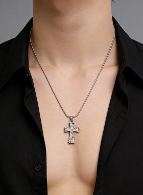 ins欧美嘻哈彩色花朵十字架项链