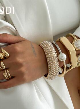 欧美跨境饰品 休闲风珍珠开口切边手镯 椭圆双色合金Bracelet套装